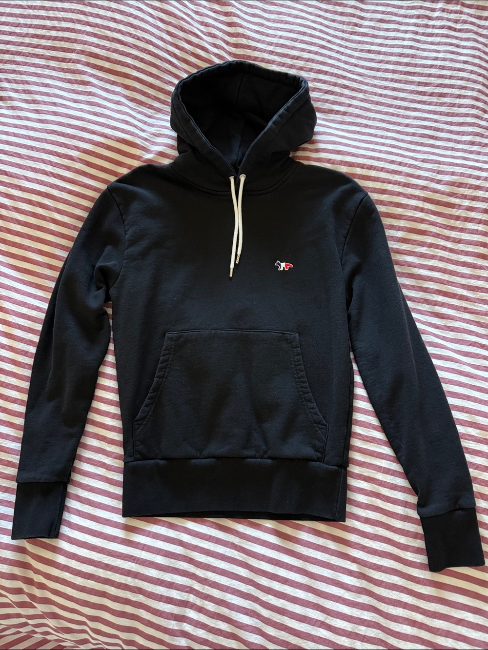 MAISON KITSUNE Black Hooded Sweatshirt with Red & White Fox Logo